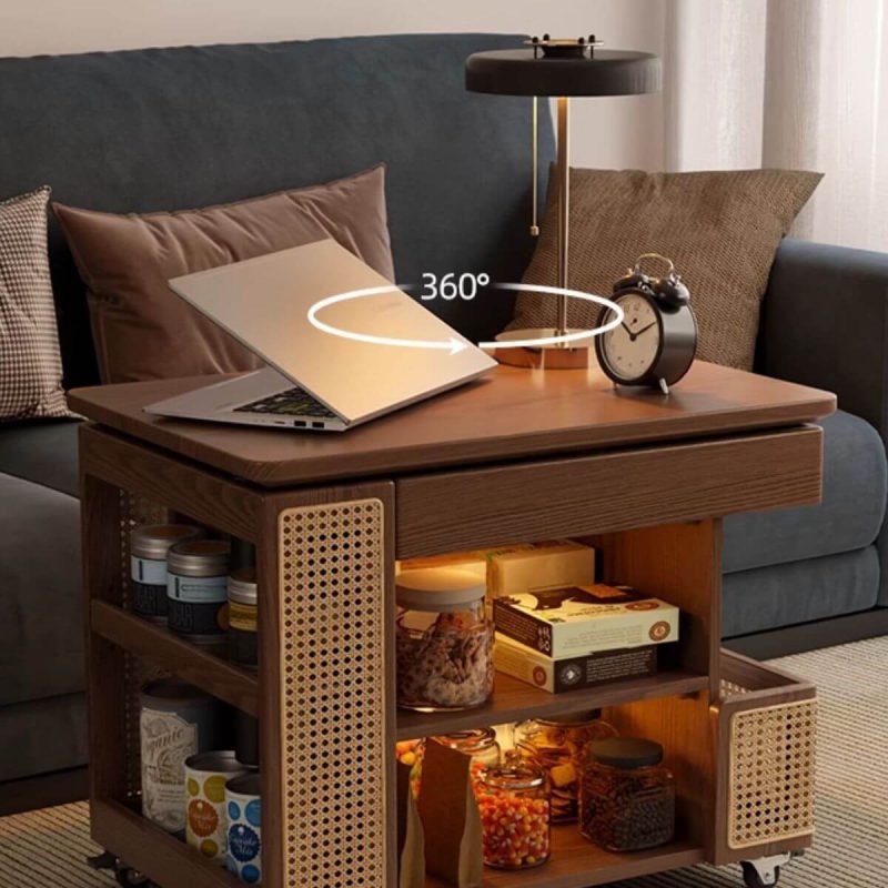 "Adjustable Height Natural Wood Chairside Table with Turned Swivel and Wheels, Walnut/ Black"