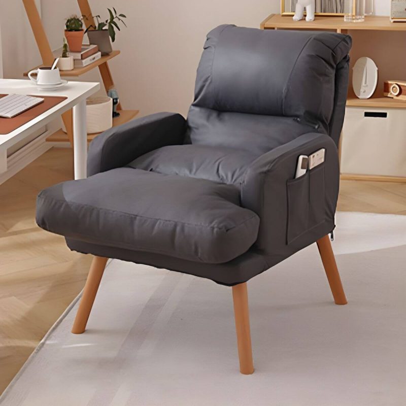 "Ergonomic Solid Color Modern Recliner with Lumbar Support and Storage, featuring Wood Legs - 28"L x 21"W x 39"H Gray Deck Chair Faux Leather"