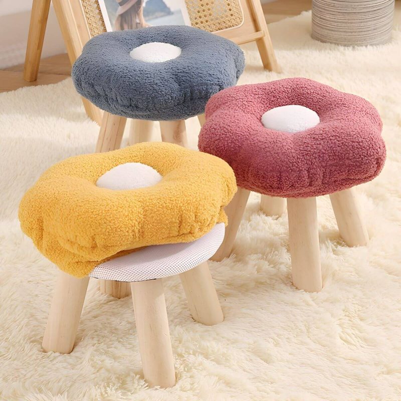 "Modern Unique Flannel Ottoman with Removable Cushion Cover and Wood Frame - 2 Piece Set Yellow"