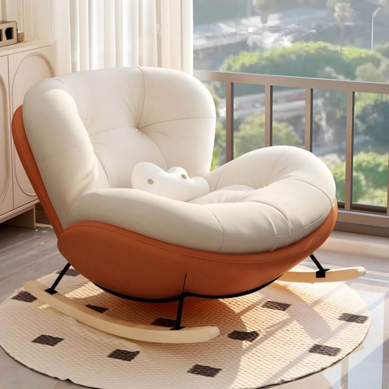 "Stylish Modern Upholstered Rocking Chair with Natural Wood Legs, Tufted Upholstered and Spindle Back - Rocking Chair Beige/ Orange"