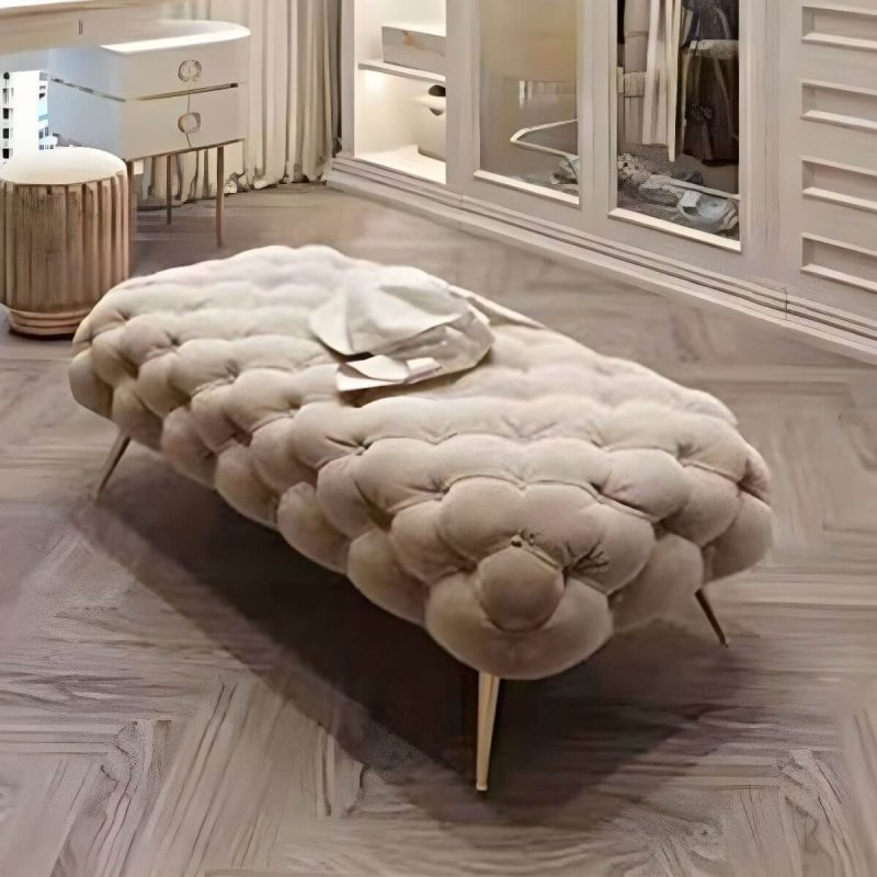 "Indoor Solid Color Contemporary Beige Rectangle Velvet Tufted Standard Footstool - 1 Piece 71"L x 18"W x 17"H"