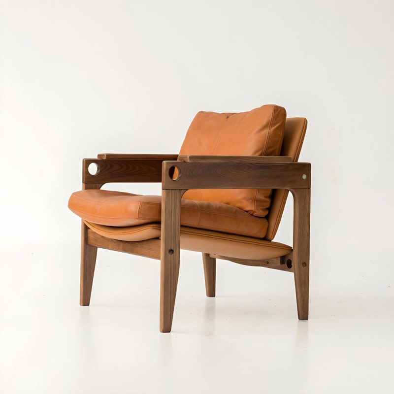 "Simplistic Citrus Color Real Leather Arm Chair with Slipcover, Removable Cushions, Fixed Back and Wood Arms, 2 Piece Set"