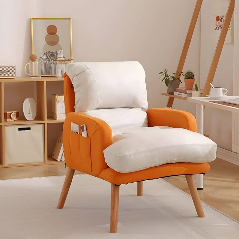 "Small Modern Recliner with Lumbar Support and Built-In Storage, featuring Wood Legs - White/ Orange 29"L x 29"W x 38"H Deck Chair Tech Cloth"