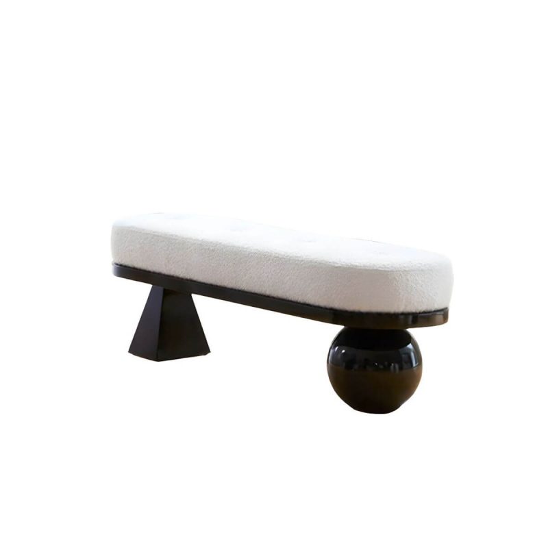"White and Black Pouf in Wool Solid Wood Upholstered Contemporary - 2 Piece Set 55"L x 18"W x 18"H"