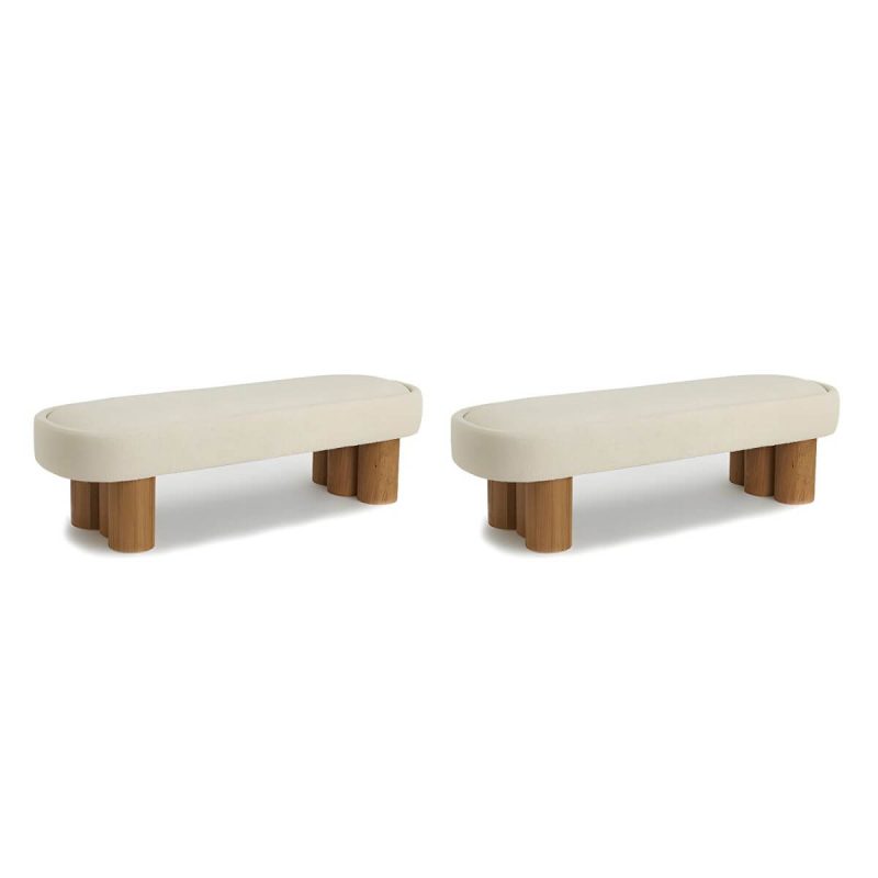 "Scandinavian Wool Pouf in Solid Wood indoor Wool Upholstered - 2 Piece Set 55"L x 20"W x 17"H"