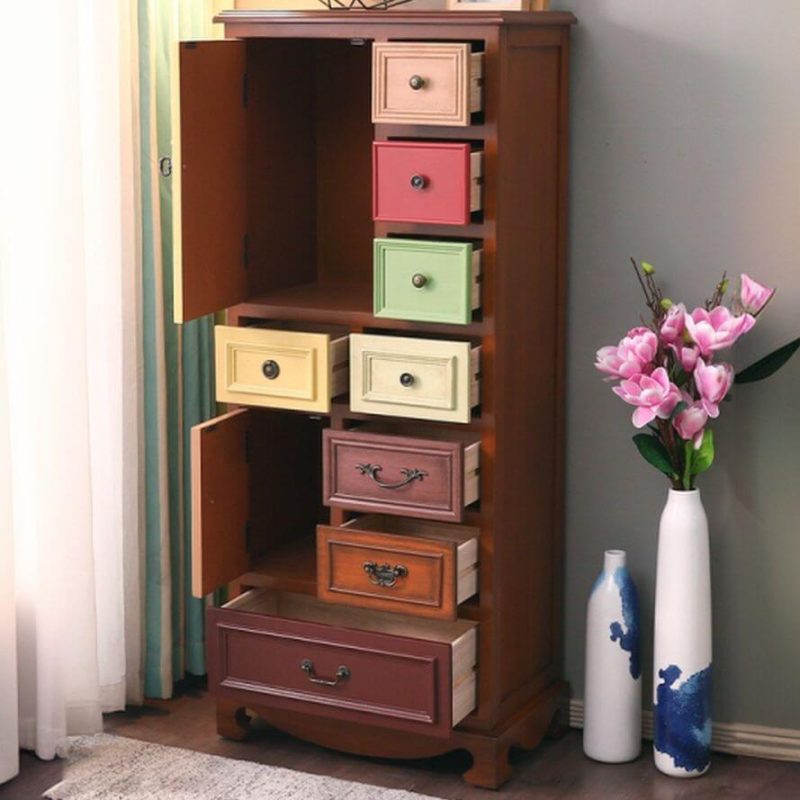 "Independent Distressed Finish Birch Wood Utility Storage Cabinet with 8 Drawers, Blue"
