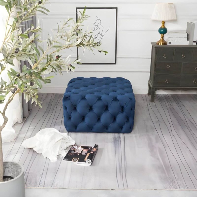 "Tufted Upholstered Fabric Square Contemporary Solid Color Indoor Standard Footstool - 1 Piece Royal Blue 39.5"L x 39.5"W x 16.5"H"