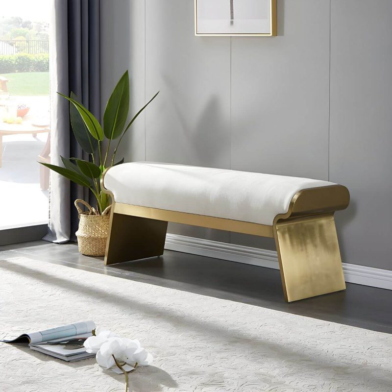 "Modern Beige Leather Rectangle Ottoman with Metal Frame for Stylish Comfort - 4 Piece Set 47"L x 14"W x 18"H"