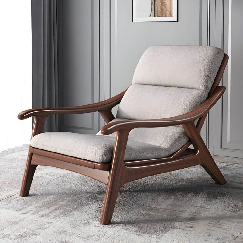 "Modern Wood Frame Recliner with Lumbar Support and Removable Cushions - Gray/ White 27"L x 52"W x 30"H Deck Chair Cotton and Linen"