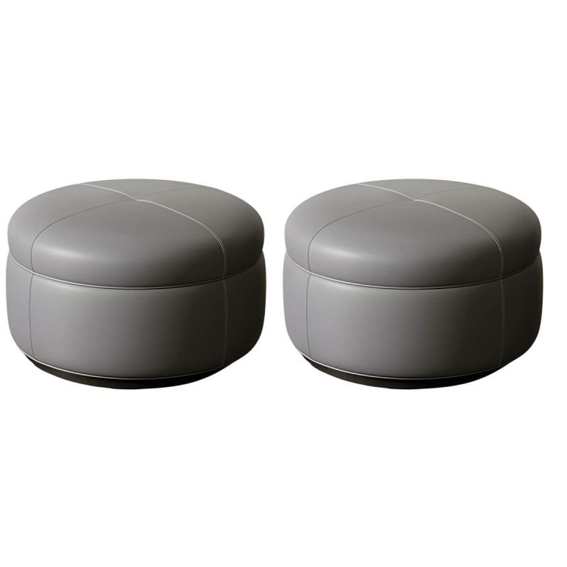 "Modern Genuine Leather Accent Stool Backless Round Solid Wood Stool - Dark Gray 2 Piece Set"