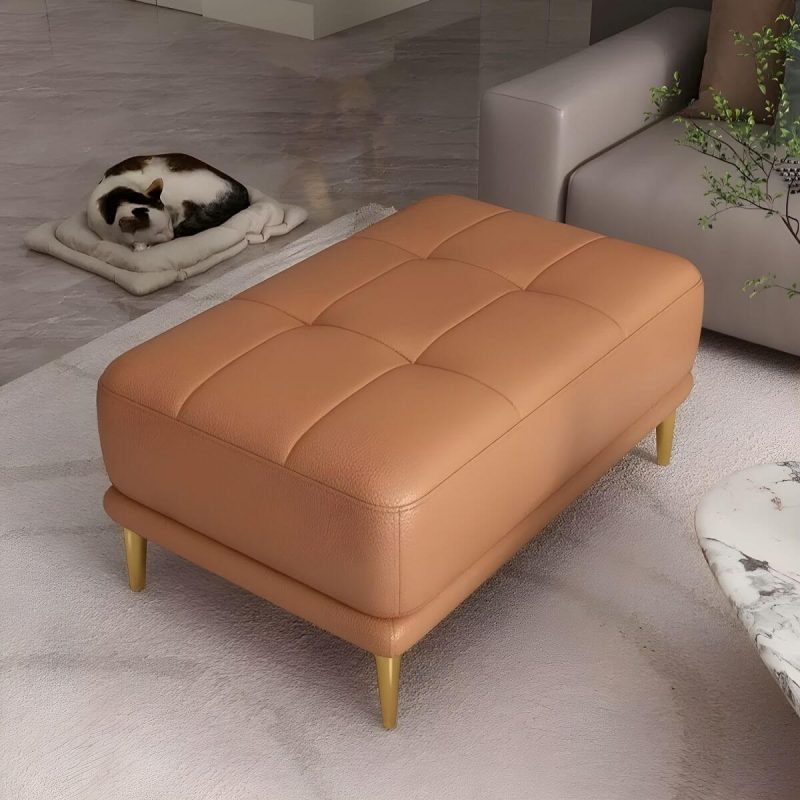 "Modern Upholstered Accent Stool with Tufted Seat and Wooden Legs - Medium Height - Orange 1 Piece 35"L x 24"W x 17"H"