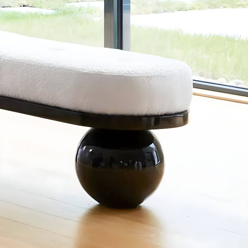 "White and Black Pouf in Wool Solid Wood Upholstered Contemporary - 2 Piece Set 55"L x 18"W x 18"H"