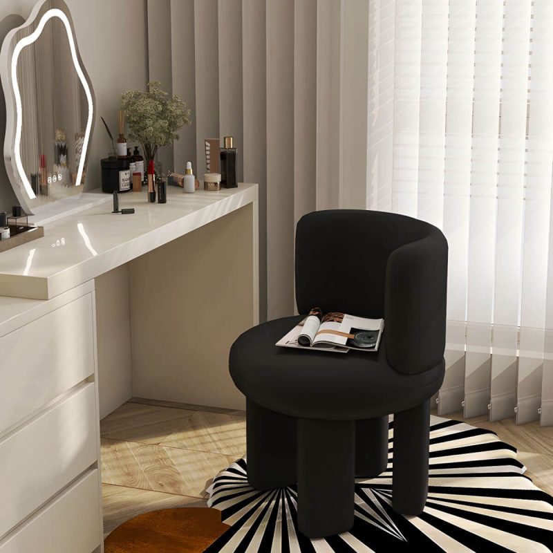 "Chic Modern Vanity Stool with Tall Upholstered Backrest and Suave Wood Base - Black 1 Piece"