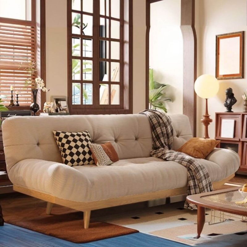 "Round Arm Ivory Convertible Futon Sofa Bed with Latex King Size Cushion Back, Pillow, Button-tufted, 83"L x 34"W x 35"H"