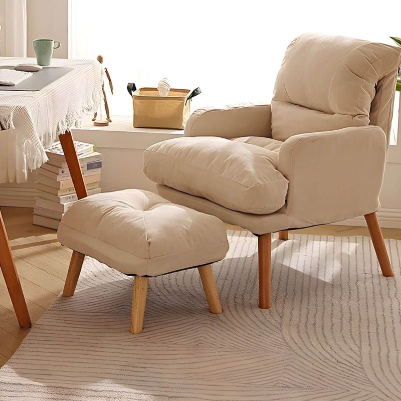 "Small Modern Recliner with Lumbar Support and Built-In Storage, featuring Wood Legs - Orange Houndstooth 29"L x 29"W x 34"H Deck Chair Cotton and Linen"