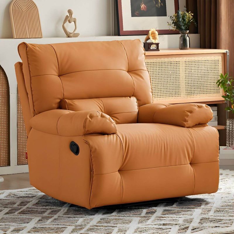 "Ergonomic Modern Recliner with Lumbar Support and Stain-Resistant Faux Leather Upholstery - Orange Deck Chair Power Recline Swivel Rocker"