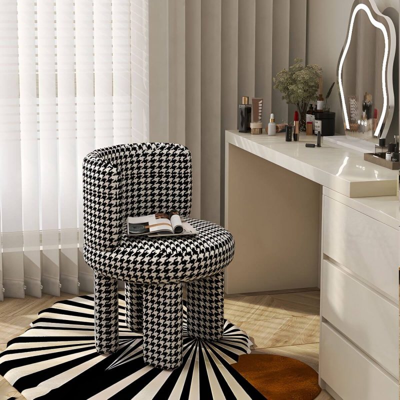 "Chic Modern Vanity Stool with Tall Upholstered Backrest and Suave Wood Base - Houndstooth pattern 1 Piece"