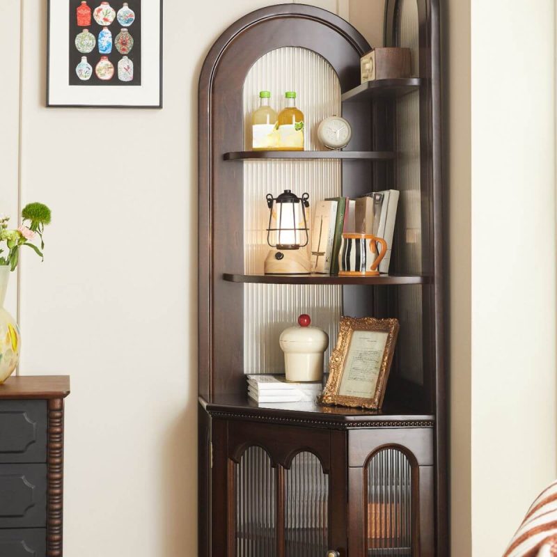 "Detached Cocoa Corner Accent Cabinet with 4 Exterior Shelves, Glass-panel Door, 1 Cabinet & Pull Knobs, 21"L x 21"W x 79"H"