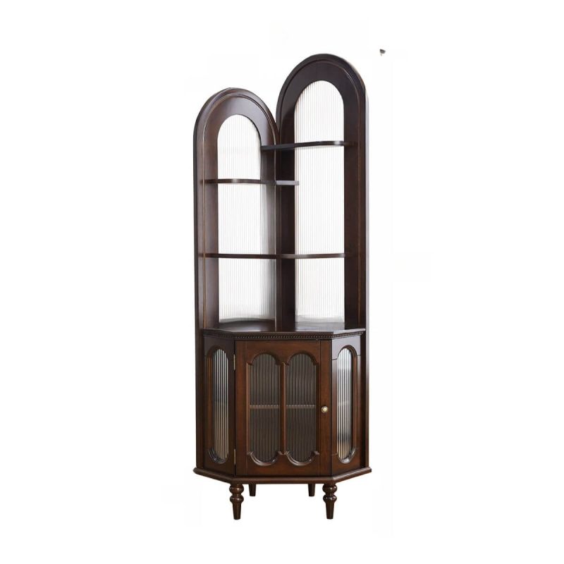 "Detached Cocoa Corner Accent Cabinet with 4 Exterior Shelves, Glass-panel Door, 1 Cabinet & Pull Knobs, 21"L x 21"W x 79"H"