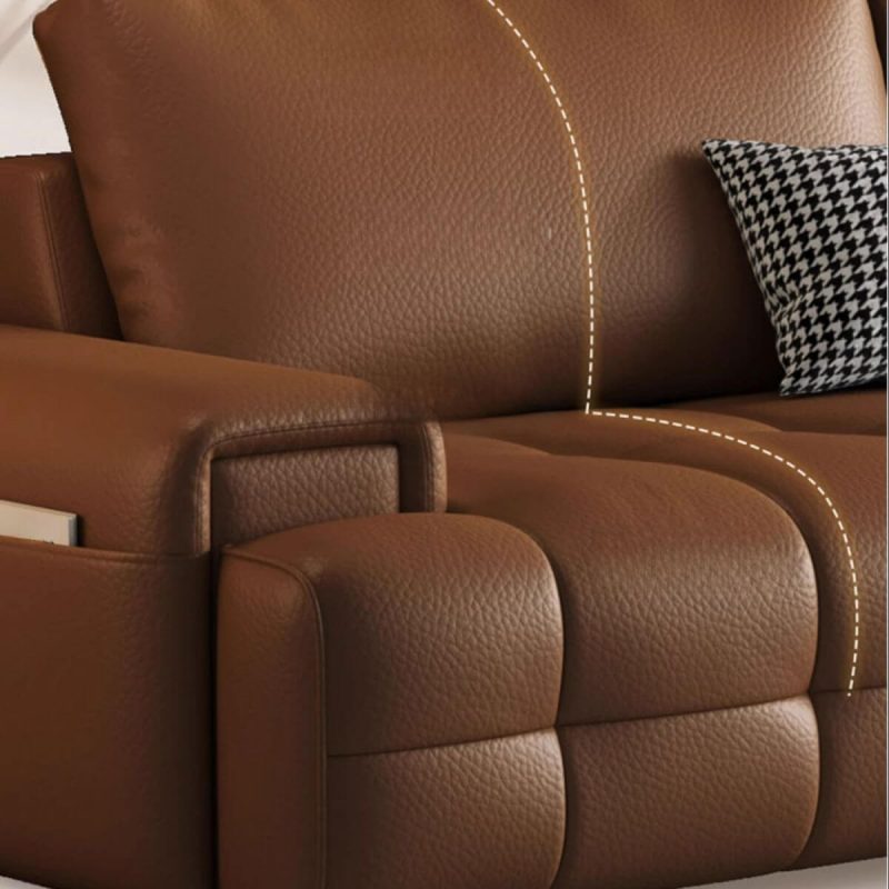 "Minimalist Genuine Leather Brown Standard Sofa for 4-seater with Solid Color Pattern and 2 Pillows, 110.2"L x 39.4"W x 29.1"H"