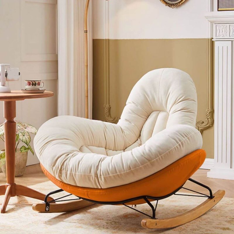 "Simplistic Metal Upholstered Rocking Chair Couch with Spindle Back , Recessed Arm and Resistant To Dirt, Feather, Light Coffee, Rocking Chair"