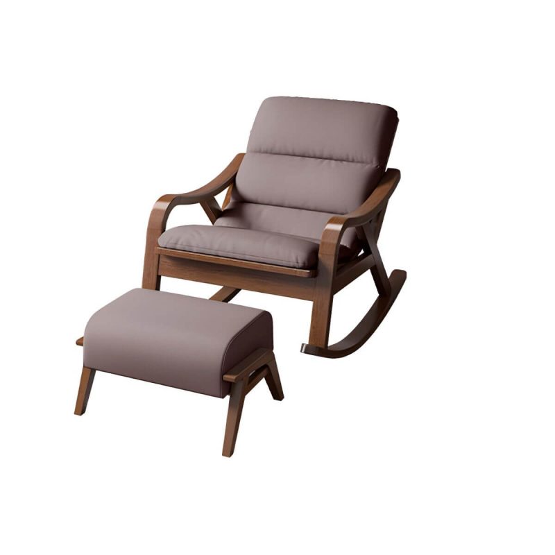 "Traditional Recliner Chair with Solid Wood Legs and Arms Indoor Chair - Faux Leather Brown Rocking Chair & Cushion"