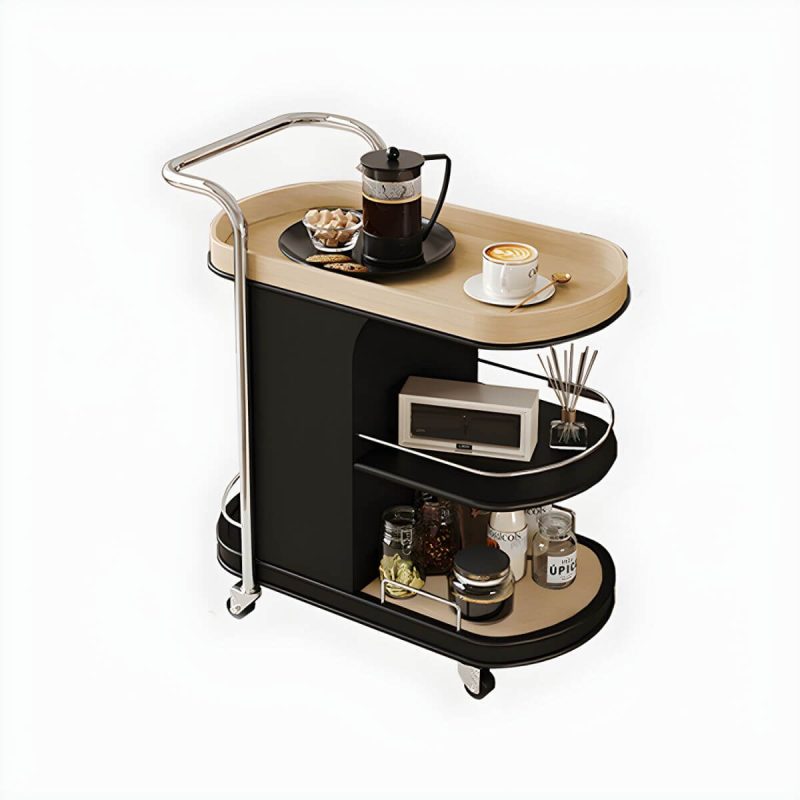 "Contemporary Side Table with Handle and Shelves, Black Frame and Wheels - Natural Wood/ Black 26"L x 15"W x 28"H"