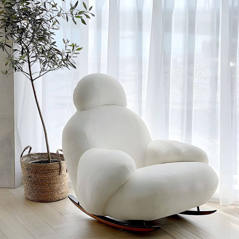 "Indoor Modern Rocking Chair with Sherpa Upholstered and Wood Legs - White"