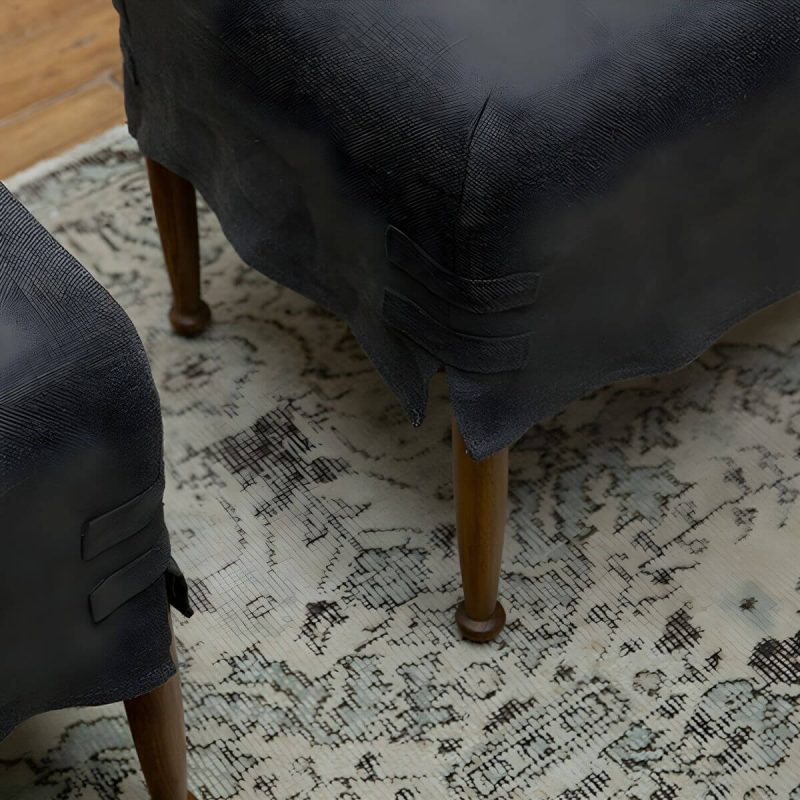 "Modern Upholstered Backless Accent Stool with Wood Legs and Linen Upholstery - Blue-Black 2 Piece Set"