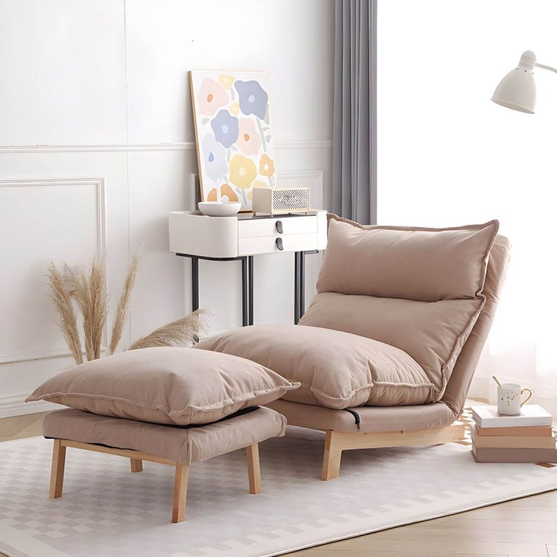 "Ergonomic Linen Recliner with Lumbar Support and Removable Cushions - Small Size - Beige Recliner with Ottoman"