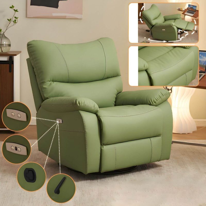 "Small Modern Recliner with Lumbar Support and Foam-Filled Comfort, Solid Upholstery - Green Power Recline Swivel Rocker"