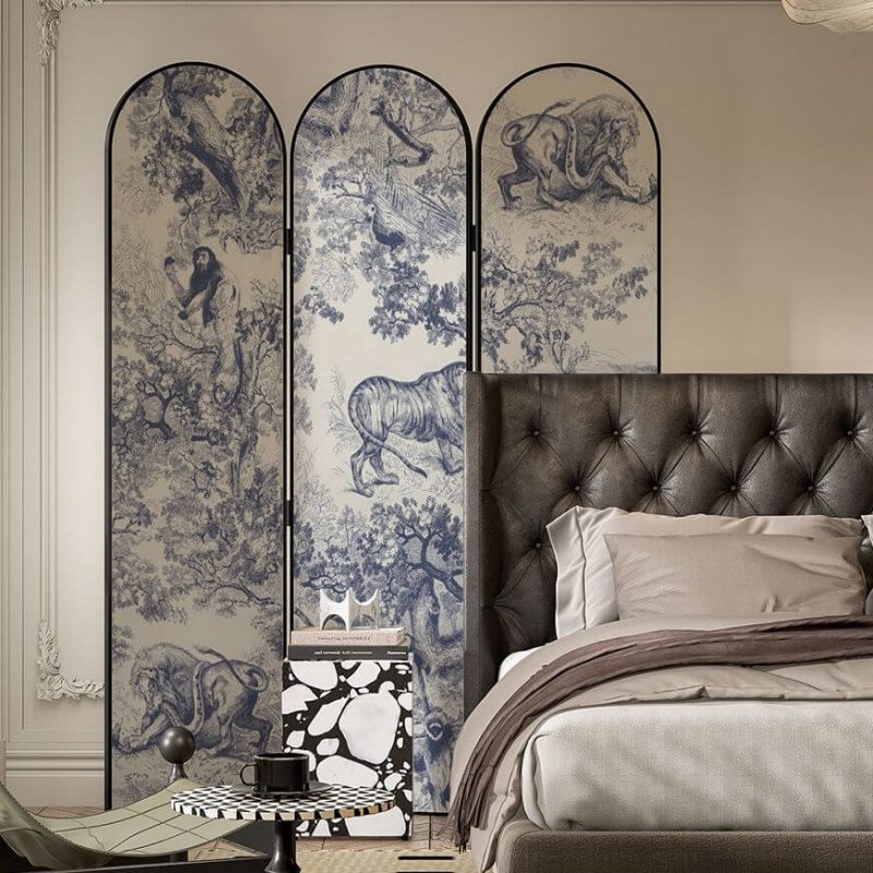 "Minimalist Azure Opaque Pop Up Wall Separator with Double Sided Print on 3 Linen Fabric Panels, 59"L x 79"H"