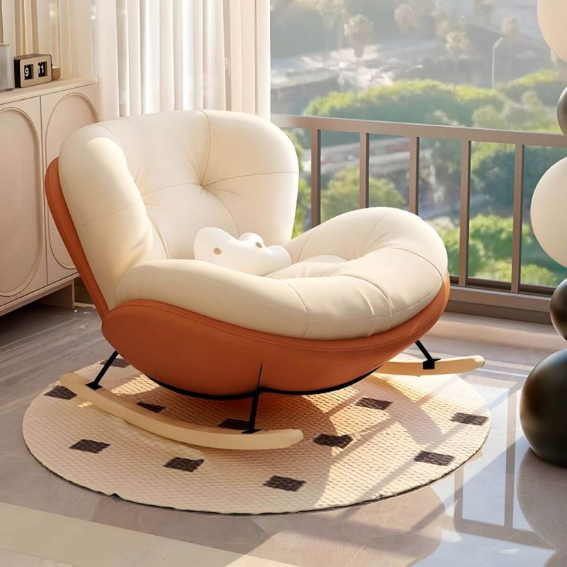 "Stylish Modern Upholstered Rocking Chair with Natural Wood Legs, Tufted Upholstered and Spindle Back - Rocking Chair with Ottomans Beige/ Blue"