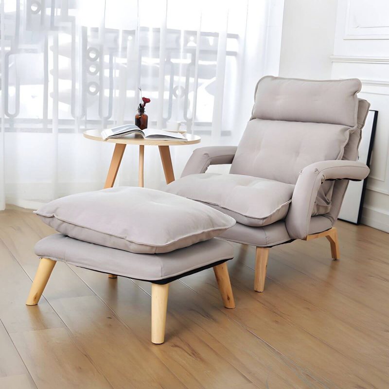 "Small Modern Ergonomic Recliner with Linen Upholstery and Adjustable Headrest, including Ottoman - Gray"
