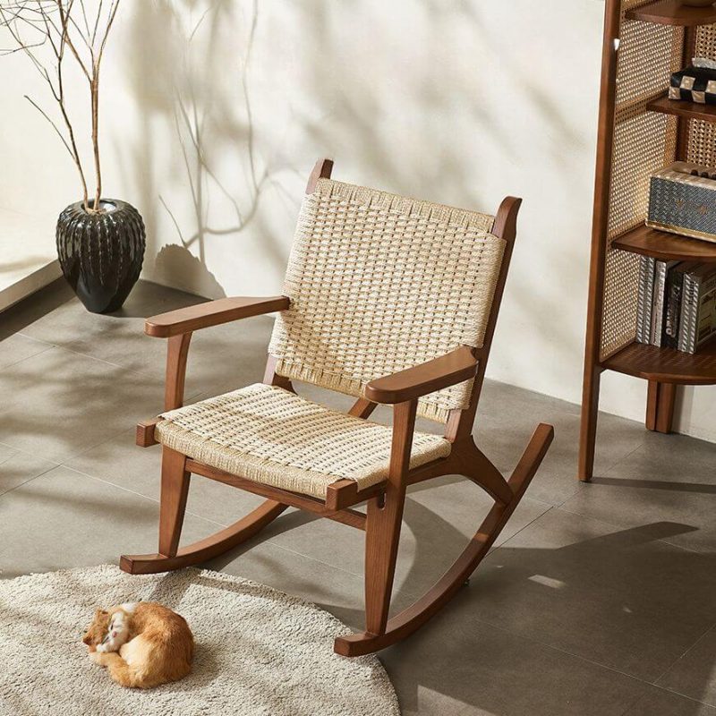 "Natural Finish Wood Rocking Chair Couch with Ottoman and Rear Back, Rocking Chair with Ottomans"