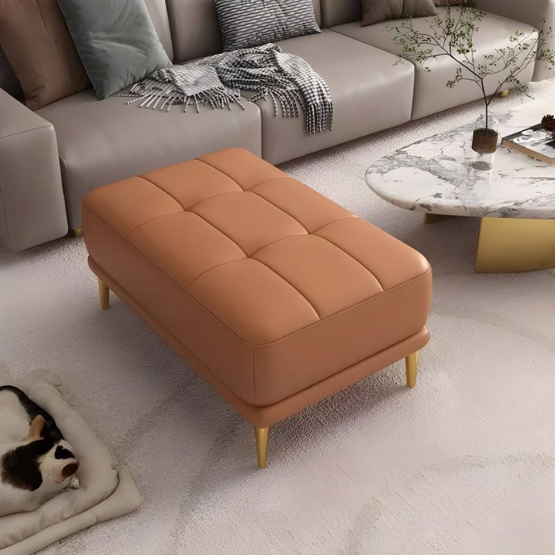 "Modern Upholstered Accent Stool with Tufted Seat and Wooden Legs - Medium Height - 1 Piece Blue 35"L x 24"W x 17"H"