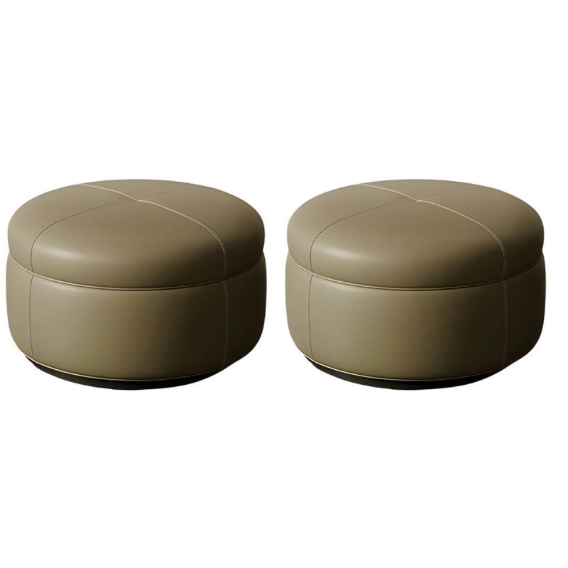 "Modern Genuine Leather Accent Stool Backless Round Solid Wood Stool - Fruit Green 2 Piece Set"