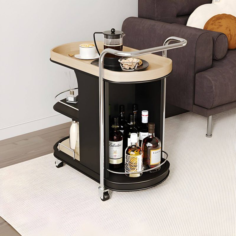"Contemporary Side Table with Handle and Shelves, Black Frame and Wheels - Off-White 26"L x 15"W x 28"H"