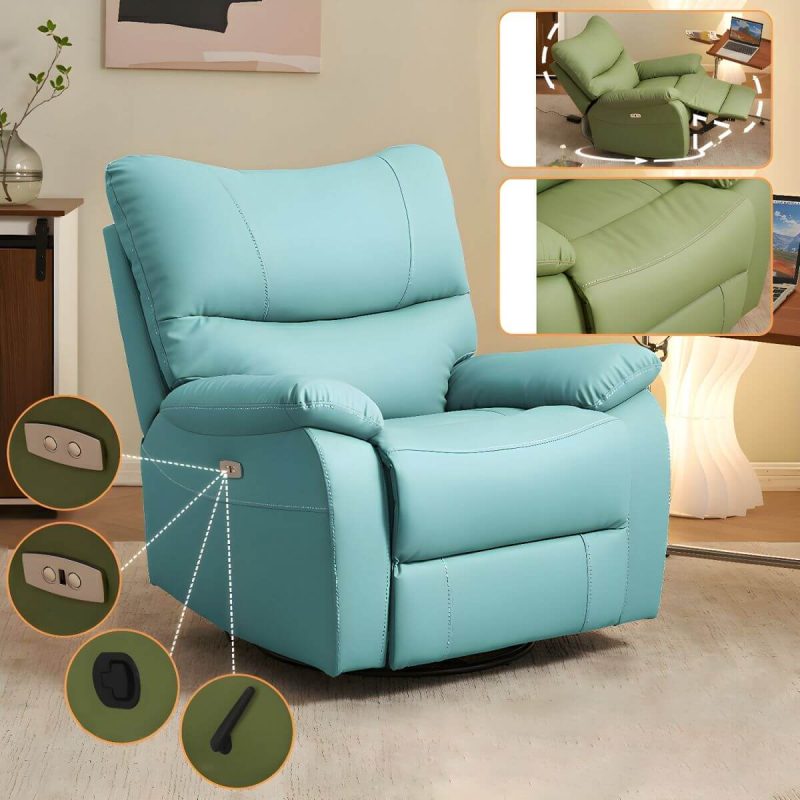 "Small Modern Recliner with Lumbar Support and Foam-Filled Comfort, Solid Upholstery - Blue Power Recline Swivel Rocker"