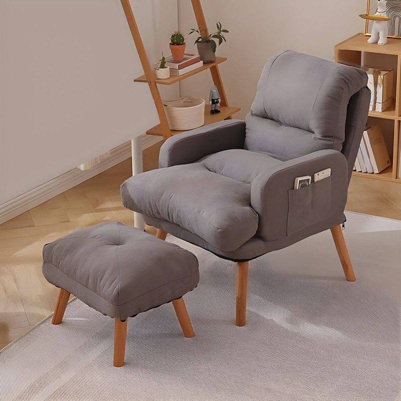"Ergonomic Solid Color Modern Recliner with Lumbar Support and Storage, featuring Wood Legs - 28"L x 21"W x 39"H Gray Recliner with Ottoman Cotton and Linen"