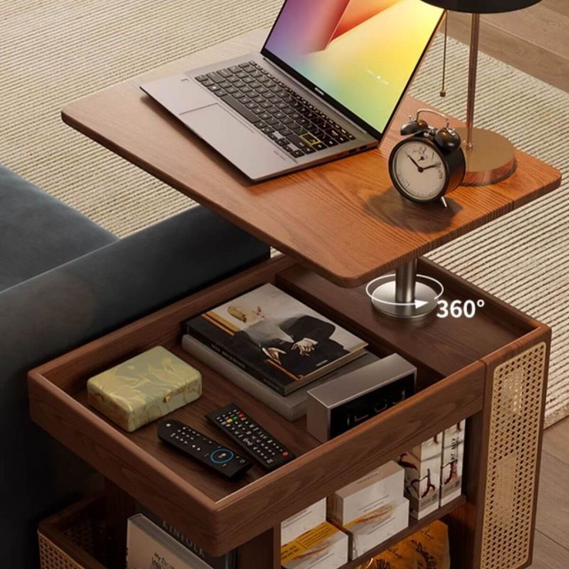 "Adjustable Height Natural Wood Chairside Table with Turned Swivel and Wheels, Nut-Brown"