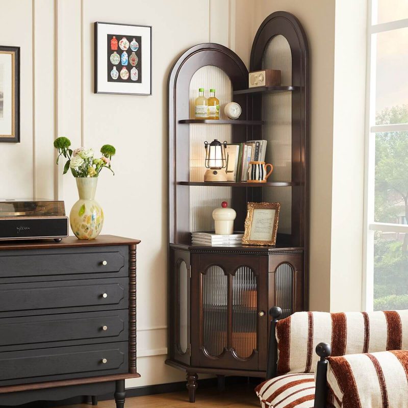 "Detached Cocoa Corner Accent Cabinet with 4 Exterior Shelves, Glass-panel Door, 1 Cabinet & Pull Knobs, 21"L x 21"W x 79"H"