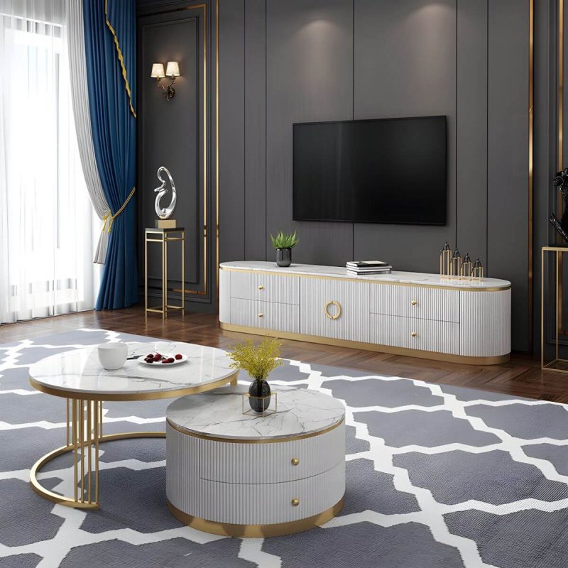 "Glam Marble TV Stand Console Enclosed Storage TV Media Stand with Doors for Living Room - 87"L x 16"W x 17"H White"