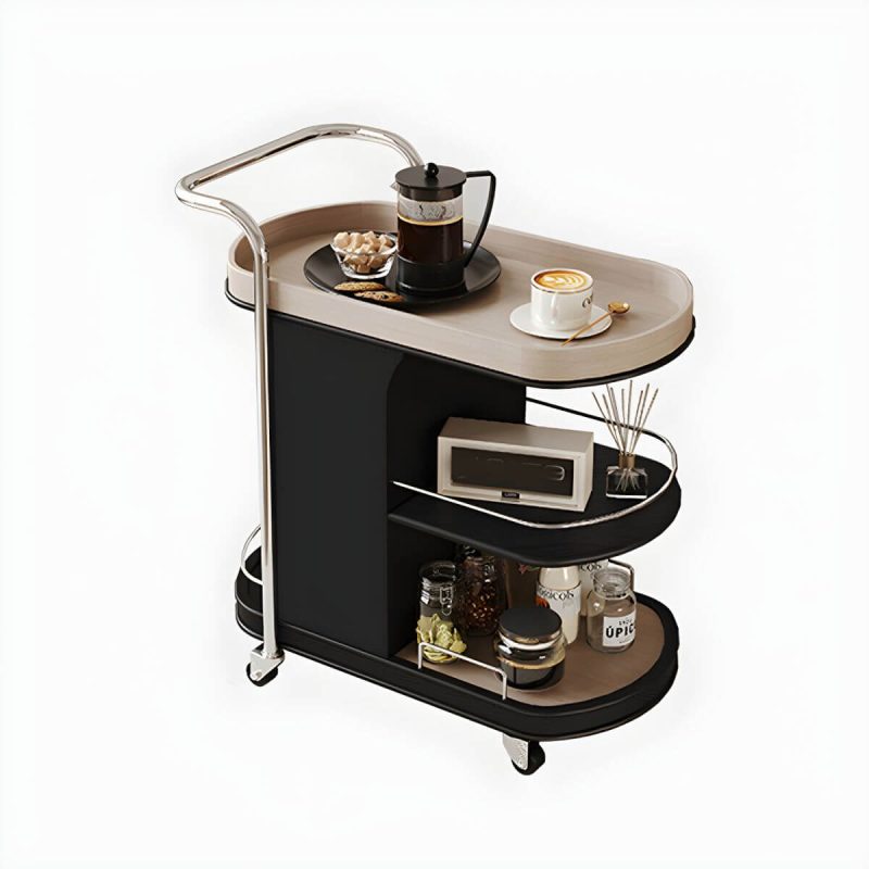 "Contemporary Side Table with Handle and Shelves, Black Frame and Wheels - Off-White 26"L x 15"W x 28"H"