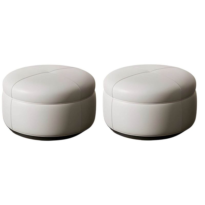 "Modern Genuine Leather Accent Stool Backless Round Solid Wood Stool - Light Gray 2 Piece Set"