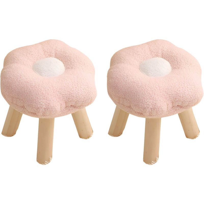 "Modern Unique Flannel Ottoman with Removable Cushion Cover and Wood Frame - 2 Piece Set Pink"