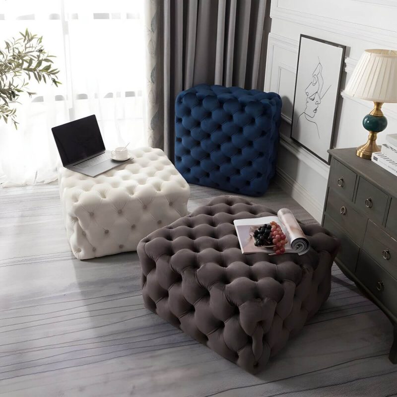 "Tufted Upholstered Fabric Square Contemporary Solid Color Indoor Standard Footstool - 1 Piece Milky White 39.5"L x 39.5"W x 16.5"H"