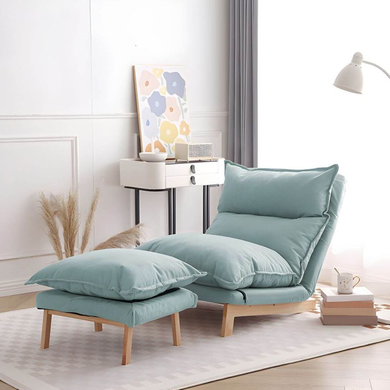 "Ergonomic Linen Recliner with Lumbar Support and Removable Cushions - Small Size - Green Deck Chair"
