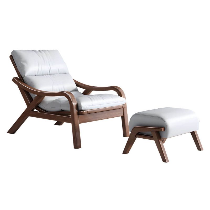 "Contemporary Solid Wood Recliner Chair in Solid Color with Wooden Legs - Recliner with Ottoman Faux Leather Beige"