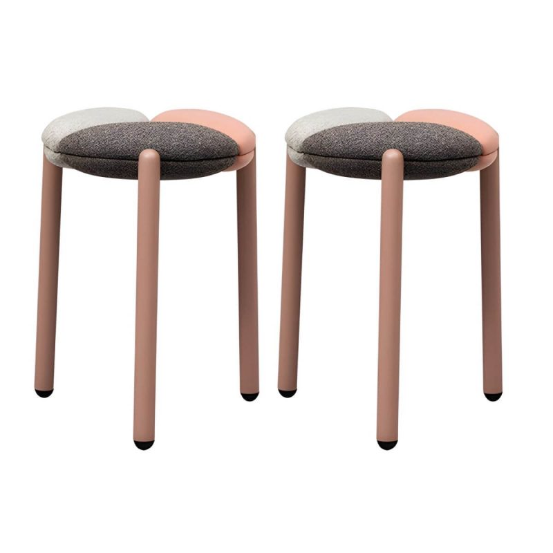 "Modern Upholstered Accent Stool with Metal Frame and Stackable Design - 2 Piece Set Pink"